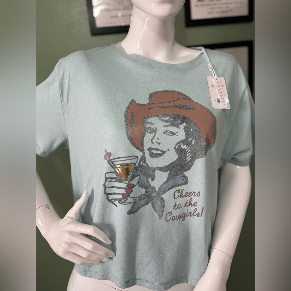 Lucky Brand Mint Graphic Cowgirl Tee with Brown Hat NWT Retail $39